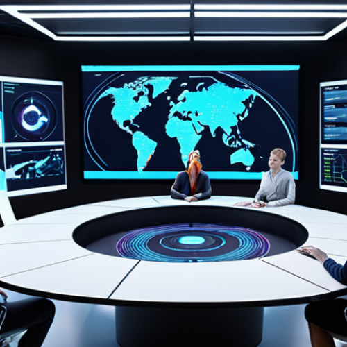 Home 11 A futuristic, high-tech marketing control room where a diverse team of human marketers collaborates seamlessly with advanced AI interfaces. Holographic displays show real-time data streams, intricate customer journey maps, and predictive analytics. Glowing neural network patterns subtly overlay the environment, symbolizing AI's presence. Humans are focused on strategic decisions and creative ideation, while AI visualizes complex data and automates repetitive tasks, embodying the "human-machine synergy" in performance marketing. The scene is bright and dynamic, showcasing efficiency and innovation. --ar 16:9 --v