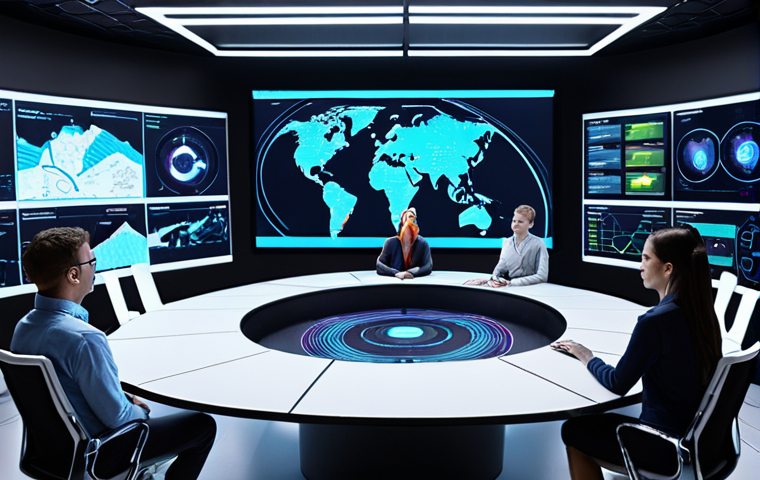 A futuristic, high-tech marketing control room where a diverse team of human marketers collaborates seamlessly with advanced AI interfaces. Holographic displays show real-time data streams, intricate customer journey maps, and predictive analytics. Glowing neural network patterns subtly overlay the environment, symbolizing AI's presence. Humans are focused on strategic decisions and creative ideation, while AI visualizes complex data and automates repetitive tasks, embodying the "human-machine synergy" in performance marketing. The scene is bright and dynamic, showcasing efficiency and innovation. --ar 16:9 --v